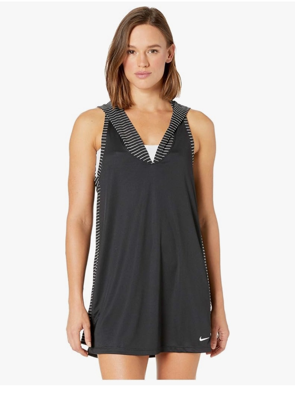 Nike Black Hooded V‑Neck Swim Coverup with White Stripe Trim Size Small NWT